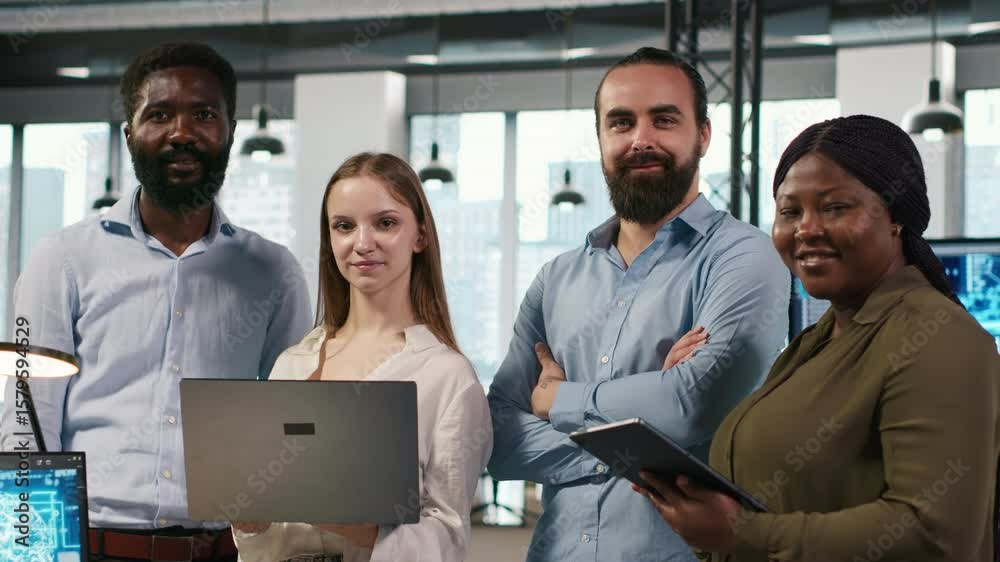 Fototapete portrait of happy teamworking engineers writing code, developing machine learning apis. team of smil