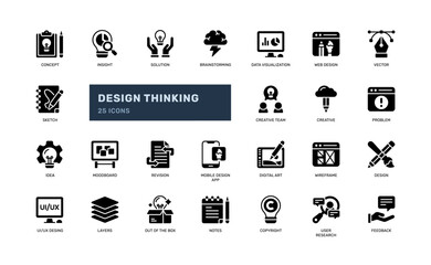 Solid glyph icon set for design thinking and innovation stages