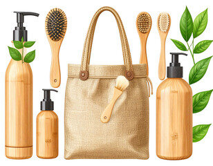 Set of bamboo, eco-friendly cosmetic bottles, brushes, and a bag, isolated on a transparent background 