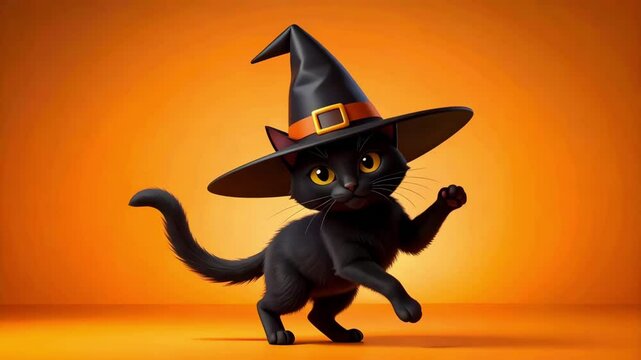 Dancing Halloween Cat Wearing a Witch&rsquo;s Hat on an Orange Background . Seamless Loop