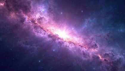 Obraz premium Vibrant purple, blue nebula swirls with glowing stars in deep space. Abstract cosmic background features bright starburst, cloudy formations. Universe, galaxy, cosmos, science, astronomy, fantasy art.