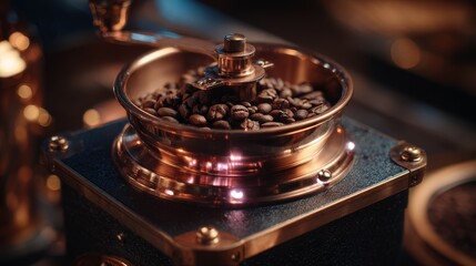 Coffee bean grinder with fresh grounds and copper accents