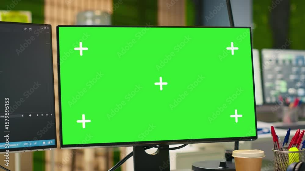 Poster empty startup office with green screen pc and artificial intelligence program running on monitors. m