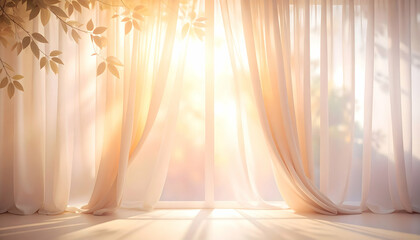 Sunlight streaming through sheer curtains with leafy branches casting shadows