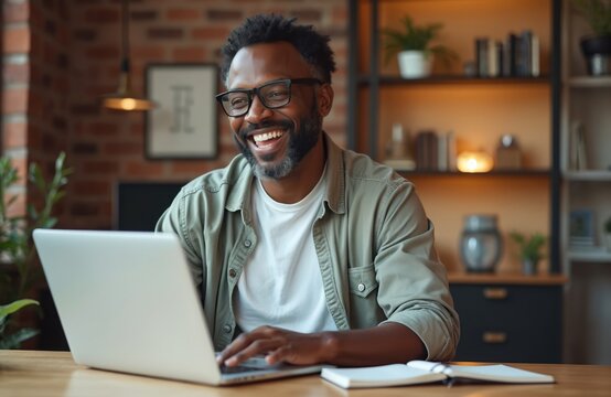 Smiling middle-aged African American man in glasses, wearing casual attire, works on laptop in home office. Mature businessman studies online, engaged in freelance work. Man smiles, focused on