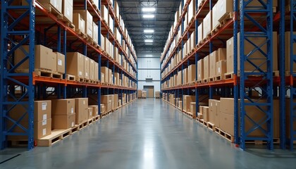 Rows of shelving units filled with cardboard boxes in modern warehouse. Blue metal racks hold goods for storage, distribution. Logistic center facilitates efficient supply chain management for