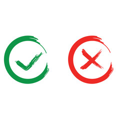 Green check mark and red cross mark icon. Vector paintbrush illustration on white background.