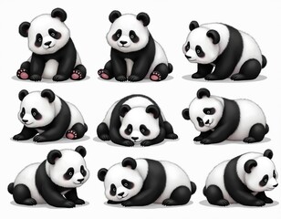 Fototapeta premium Collection of cute pandas in various poses, sitting, lying down. Charming black-and-white illustration features adorable, fluffy animals in monochrome tones, perfect for clip art mascots. Includes