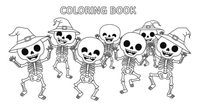 Cute halloween skeletons wearing witch hats dancing isolated on transparent background