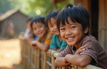 Portrait of smiling boy with dark hair, part of group of children in developing country. Hopeful expression suggests innocence, bright future amidst challenging circumstances. Image resonates with