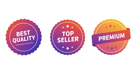 Three gradient badges displaying best quality top seller and premium labels on a white background design created with generated ai