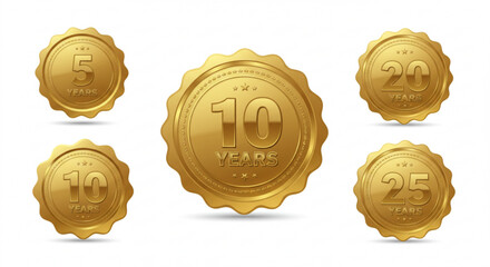 Golden seal collection celebrating anniversaries of five ten twenty and twenty five years on a white background created with generated ai