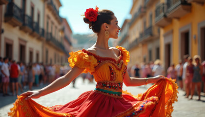 Woman dances joyfully in colorful Spanish carnival costume. Vibrant dress with intricate beadwork, embroidery. Festive atmosphere with blurred crowd background. Celebration of Hispanic heritage,
