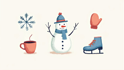Snowman and Reindeer in Winter Landscape

