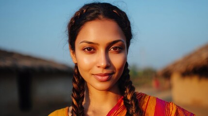 Portrait of a young indian woman with long braided hair. she is wearing a traditional indian saree with a red and yellow border.