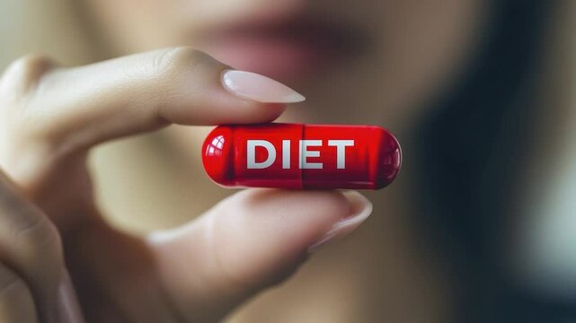 Close-up of a hand holding a red pill with the word "DIET" written on it.
