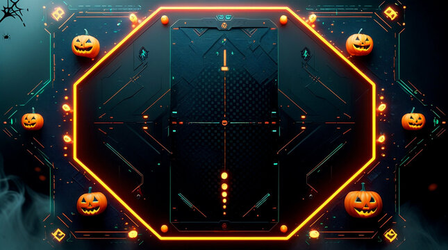 Cyberpunk Halloween interface frame with glowing jack-o’-lanterns, candles, neon lights, and digital sci-fi UI elements on dark background with spider webs and fog,  for spooky futuristic design