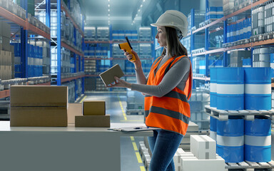 Female warehouse worker scanning box barcode with handheld scanner, safety gear, inventory...
