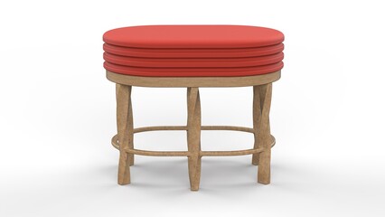 Red Fabric Stool. Wooden Legs. Isolated. White background. 3D render