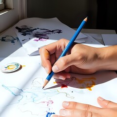 Close-up of a hand holding a blue pencil