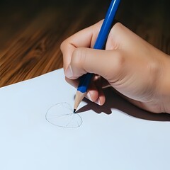 Close-up of a hand holding a blue pencil, drawing or sketching on a piece of paper.