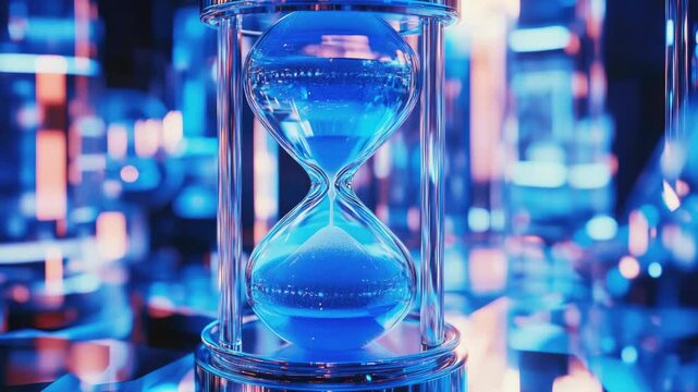 A blue glass clock with a white face. The clock is set to the time of 10:00