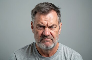 Obraz premium Mature man displays intense anger. Face shows deep frown with furrowed brows, stern mouth. Portrait captures strong negative emotion, dissatisfaction, irritation. Wears casual attire against plain