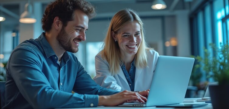 Two engineers, man, woman, collaborate on laptop discussing artificial intelligence software in modern, high-tech research office. Appear happy, engaged, effective teamwork, technological innovation.