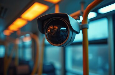Security camera observes interior of public bus. Modern surveillance technology ensures passenger safety, transit system monitoring. Dome camera with round lens mounted on handrail, observing scene