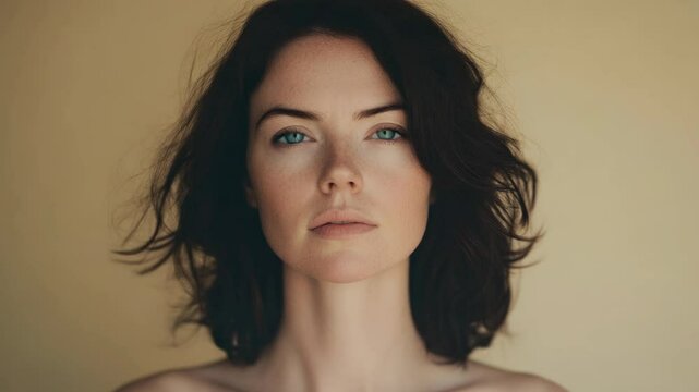 A woman with brown hair and blue eyes. She is wearing no clothes. She has a very short haircut