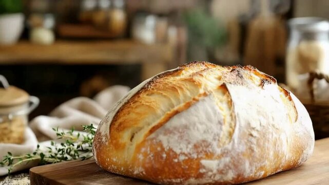 Artisan Loaf: An inviting image featuring a rustic, freshly baked loaf of bread, placed artfully on a wooden cutting board, ready to be savored. It's an ode to the simple pleasures of life.