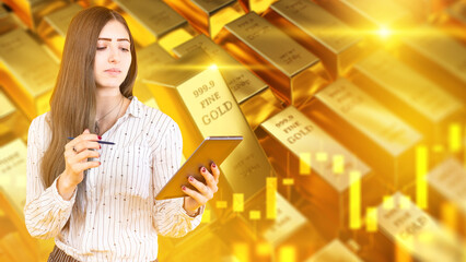 Woman analyzing gold market data on tablet, surrounded by gold bars and stock chart graphics. Investment, finance, and precious metals trading. - Finance, Trading.