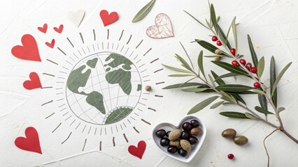 Earth day love concept with globe drawing hearts and olive branch for eco friendly lifestyle design