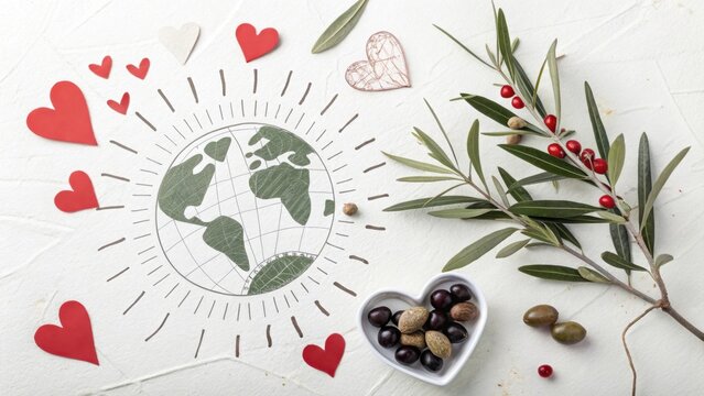 Earth day love concept with globe drawing hearts and olive branch for eco friendly lifestyle design