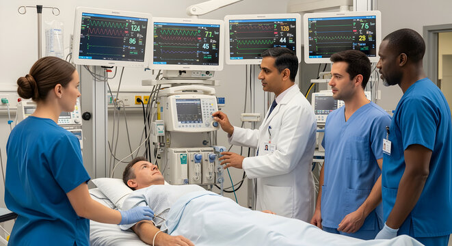 Medical team in ICU monitoring patient with multiple monitors - Powered by Adobe