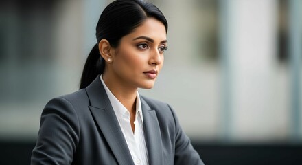 Portrait of a woman in a gray suit looking off to the side intently