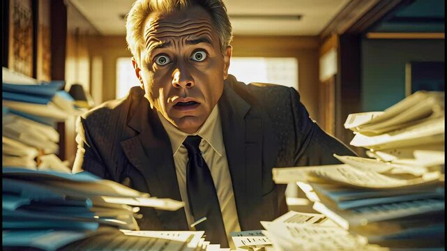 Stressed businessman overwhelmed by stacks of paperwork in a dim office, frozen mid-expression as he processes financial documents