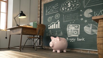 Pink piggy bank stands before a chalkboard with financial graphs, ideal for savings and investment concepts, economic growth.
