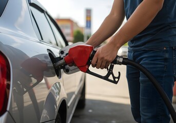Man Refueling Car at Gas Station Fueling Up Vehicle, Gasoline Pump, Petrol Filling, Auto Care, Transportation.