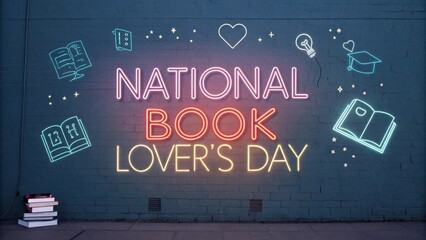 Celebrate National Book Lover's Day with neon signs, books, and literary symbols on a textured brick wall background.