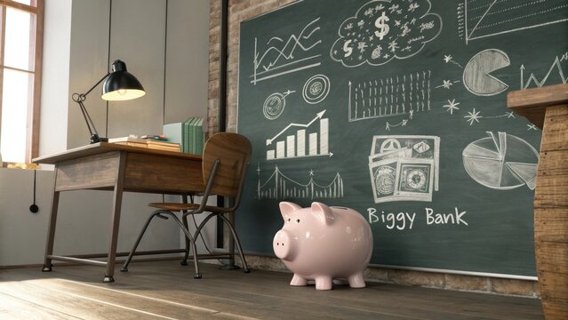Pink piggy bank stands before a chalkboard with financial graphs, ideal for savings and investment concepts, economic growth.