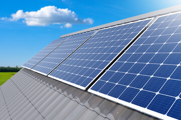 Solar panels installed on a metal roof under blue sky, generating renewable energy from sunlight. -...