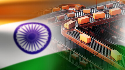 India flag overlaid on automated conveyor system with moving boxes, symbolizing Indian logistics,...