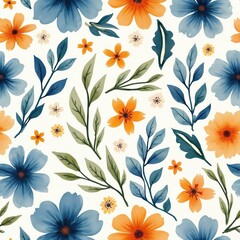 Seamless watercolor floral pattern featuring blue, orange flowers with green foliage. Japanese abstract style. Delicate blooms, leaves repeat across design, perfect for wallpapers, packaging, web