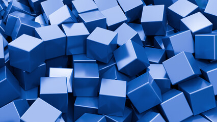 Pile of glossy blue 3D cubes randomly arranged, symbolizing abstract data blocks, digital concepts,...