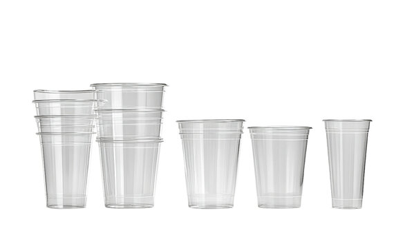Assorted compostable transparent PLA cups arranged in various sizes for ecofriendly beverage serving and takeaway use isolated on transparent background PNG