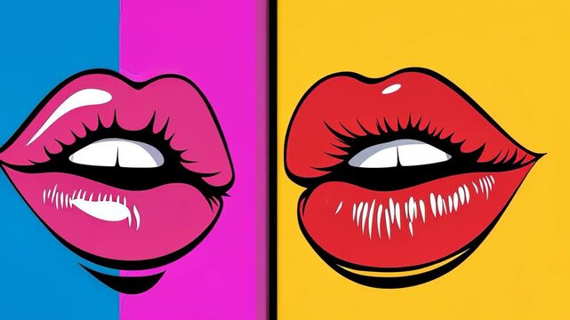 Pop Art Lips: A bold and colorful pop art composition showcasing a pair of luscious lips, each rendered in vibrant, eye-catching hues with defined curves, capturing the essence of beauty.