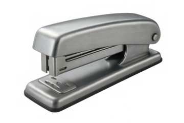 Classic metallic stapler resting on a transparent background, ready for office tasks and document binding