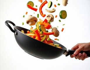 Flying fresh vegetables like peppers, cucumbers, mushrooms, carrots tossed in wok pan. Isolated on white background, scene captures dynamic motion of healthy food preparation. Ingredients mid-air