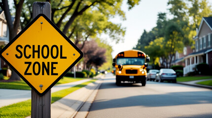 School zone warning sign with yellow school bus arriving on a sunny suburban street, representing back to school season, student commute, and the start of a new academic year